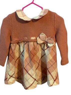 Shabby Chic Plaid Dress Long Sleeve Knit Collared 3/6 months